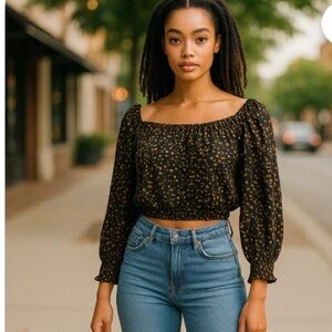 Womens ASOS Smocked Crop Top Black Floral Size 12